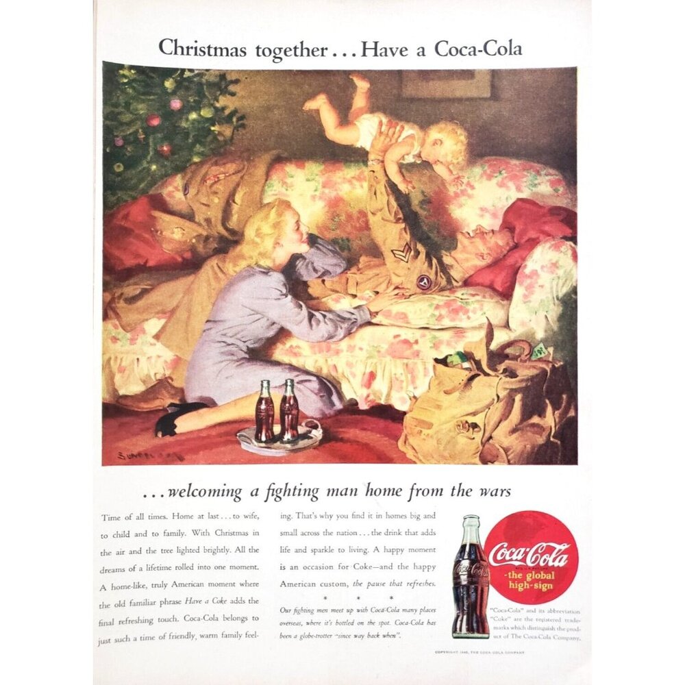 PRINT AD Coca Cola 1945 10.5x13 Christmas Soldier Home End of WWII Wife Baby